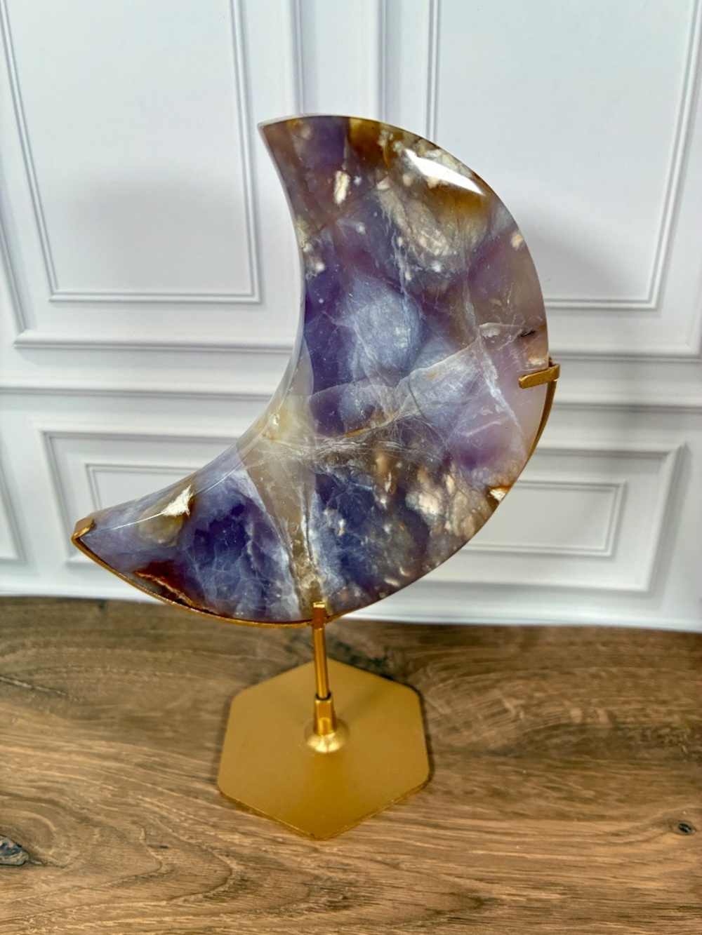 Lavender Purple Chalcedony Crescent Moon • Gold Stand Crystal Décor • Celestial - Picture 7 of 9